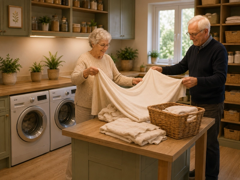 La buanderie collective est un espace partagé, moderne et agréable, où les résidents peuvent laver, sécher et plier leur linge.