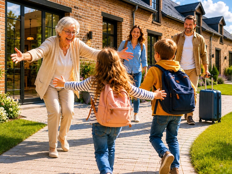 Grand-mère senior accueillant avec joie ses petits-enfants devant La Maison Dorianne à Brou en Eure-et-Loir